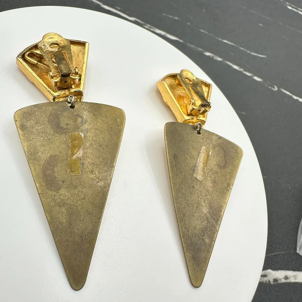 Vintage Women's Long Gold Tone Shoulder Duster Cream Enamel Dangle/Drop Earrings - Picture 6 of 11